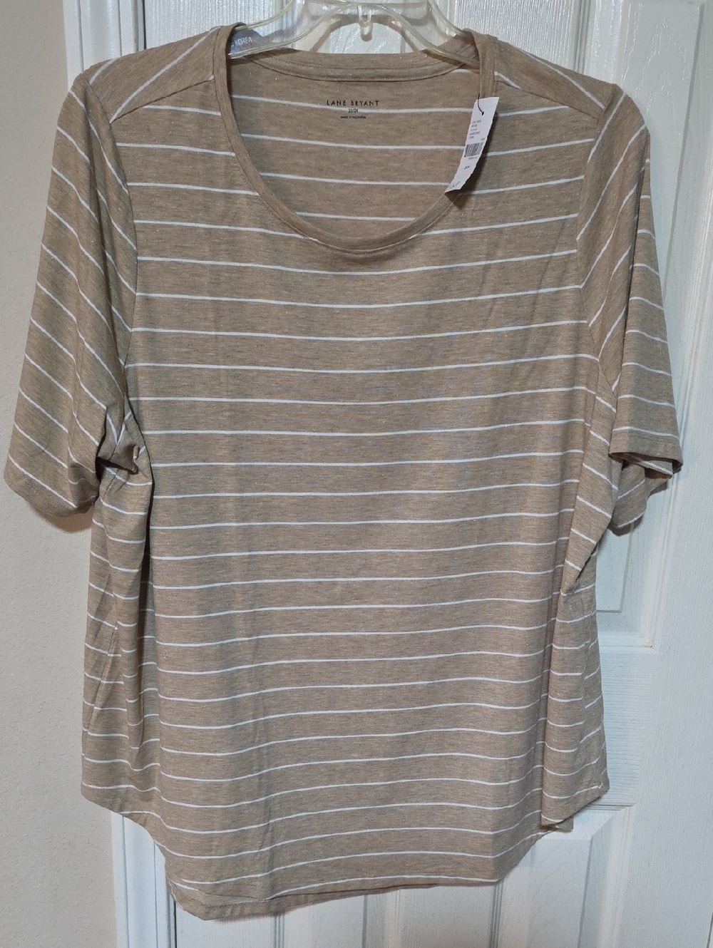 💟Eileen Fisher Tan with White Stripe Short-Sleeve Crewneck Top. Ptp 29+